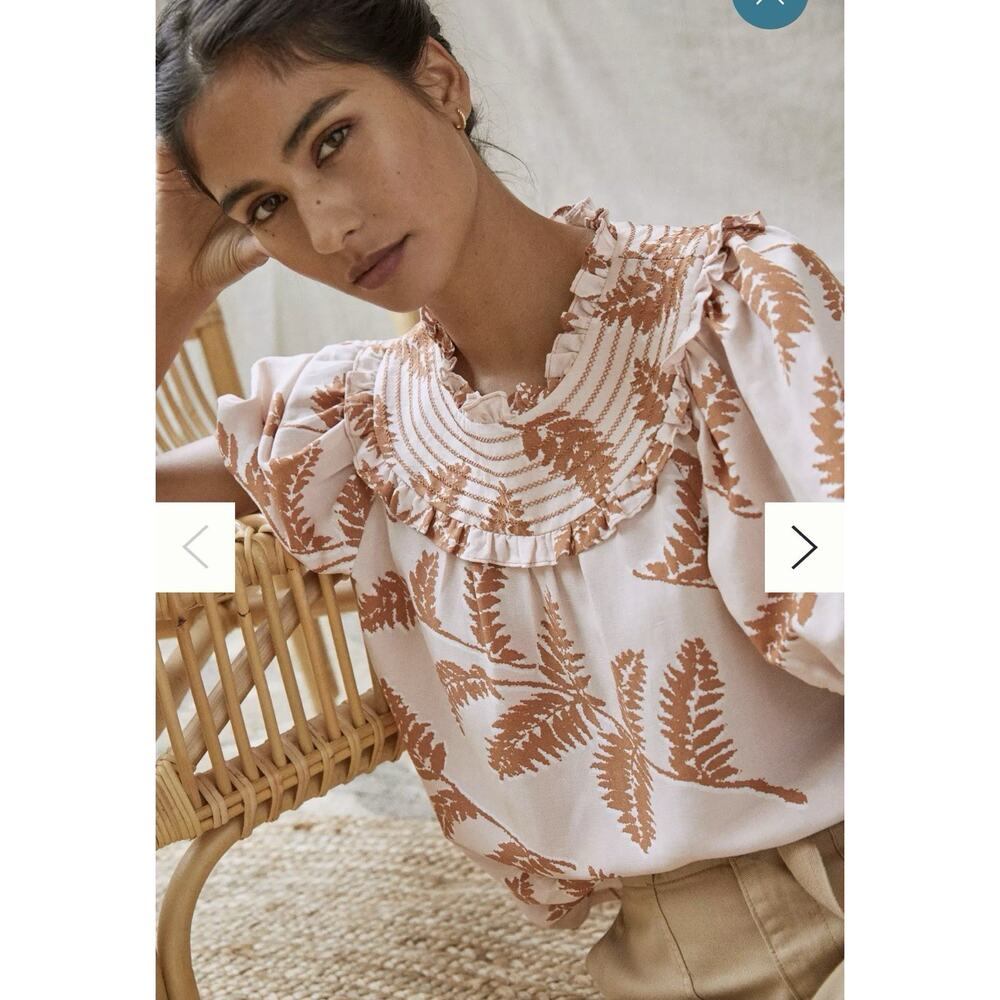 Current Air Pink Leaf Print Blouse Womens Small Puff Sleeve Boho Romantic Top